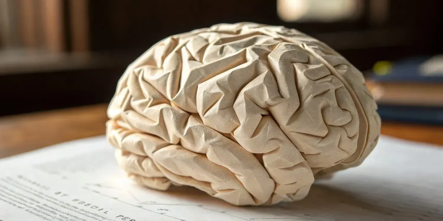 Un modelo de cerebro esculpido sentado sobre una hoja de papel.