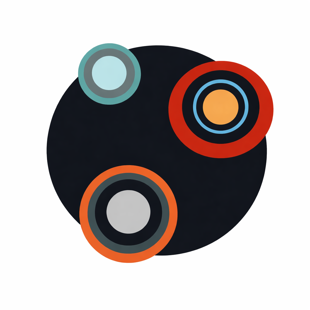 C&iacute;rculo oscuro con tres c&iacute;rculos m&aacute;s peque&ntilde;os en su interior, cada uno con anillos conc&eacute;ntricos de color.