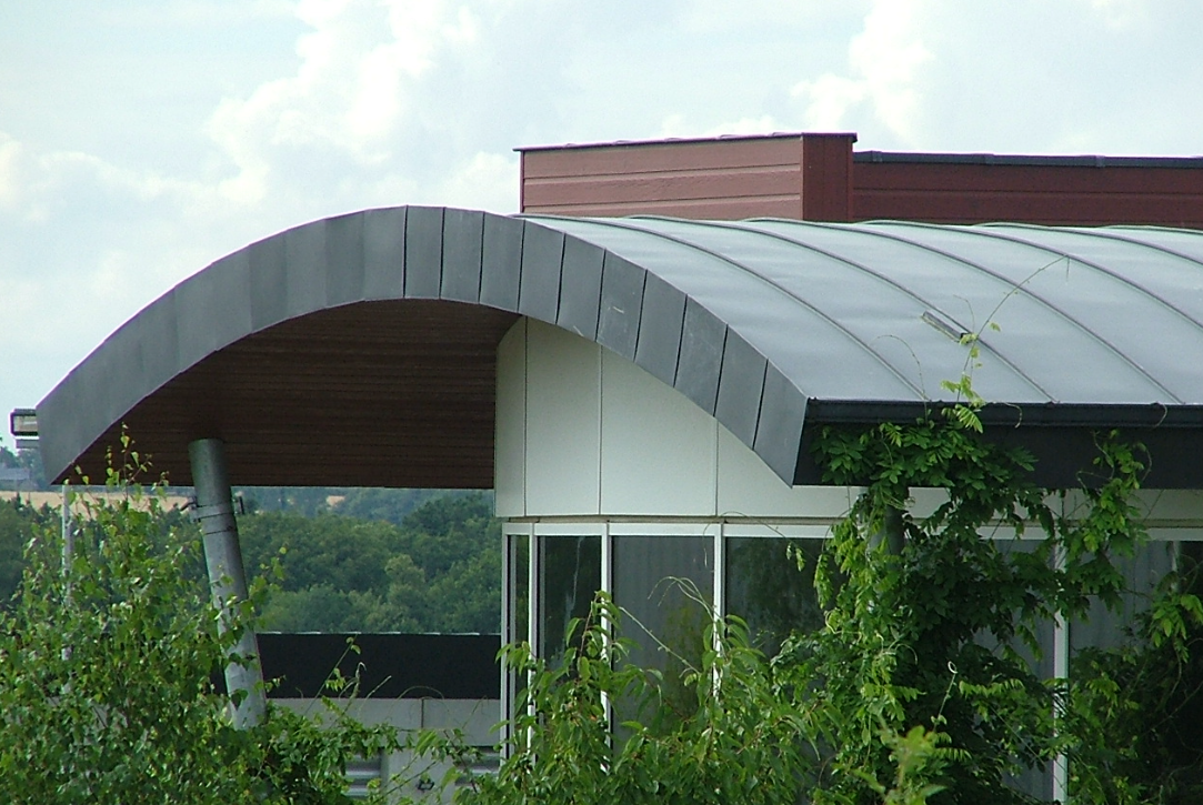 Bâtiment moderne avec toit gris incurvé et fenêtres en verre, partiellement recouvert de vigne vierge.