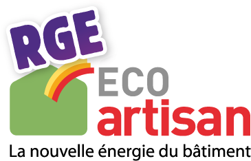 Logo RGE Eco artisan in purple, green, gray and red with slogan “La nouvelle énergie du bâtiment”