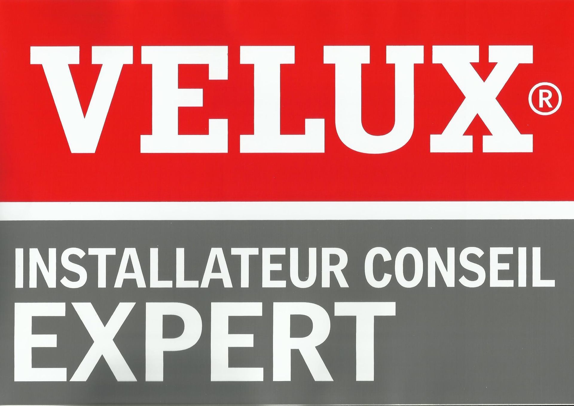 Logo VELUX sur fond rouge et gris avec le texte « Installateur Conseil Expert »