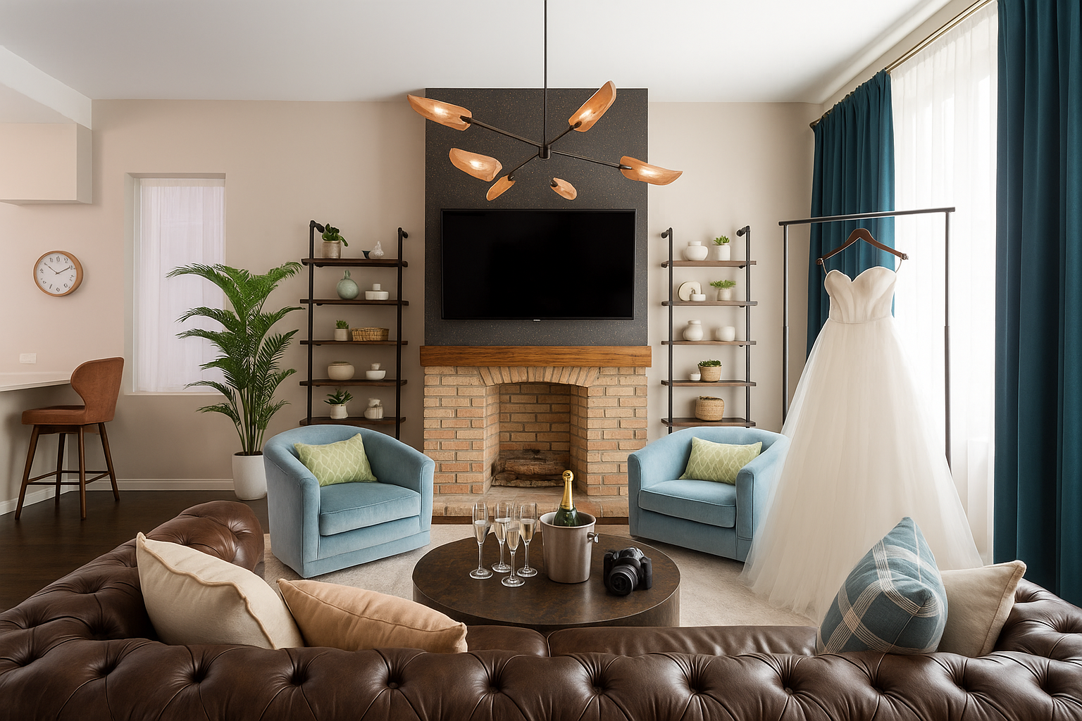 Elegant living room with tufted sofa, blue chairs, fireplace, large TV, and teal curtains