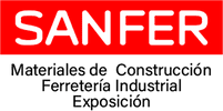 Logotipo de SANFER, que muestra el nombre de la marca en blanco sobre un rectángulo rojo encima del texto "Materiales de Construcción..."