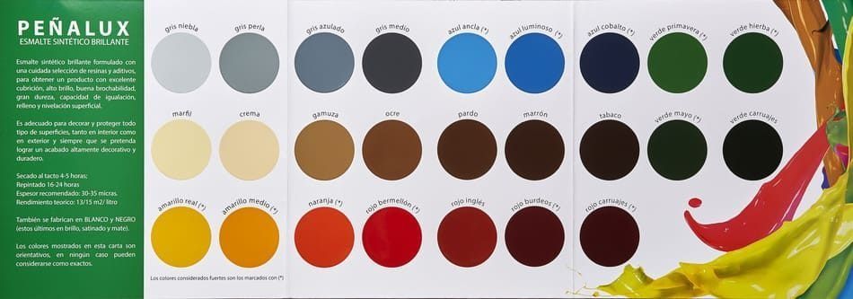 Una carta de colores de Peñalux que muestra veintiún muestras de pintura en diferentes tonalidades de gris, azul, verde, marrón, rojo y amarillo.
