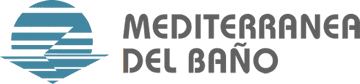 Logotipo de Mediterranea del Baño con un icono geométrico de un sol azul junto al nombre de la empresa en texto gris.