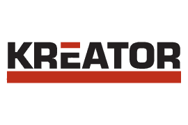 El logotipo de la marca Kreator en texto negro con una barra rectangular roja debajo de las letras y un acento rojo en la letra E.