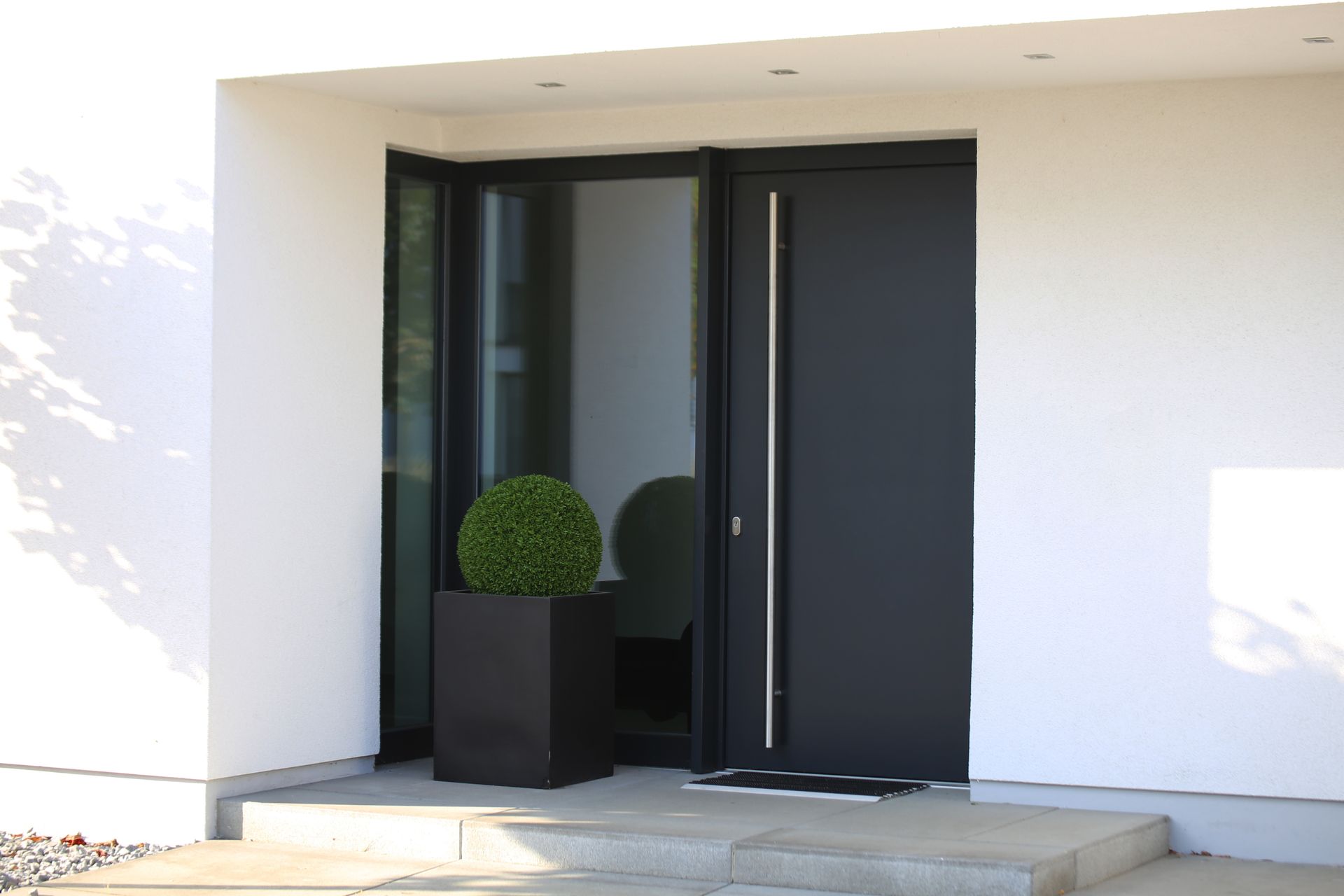 Entrée de maison moderne avec double porte noire et topiaire en pot sur les marches