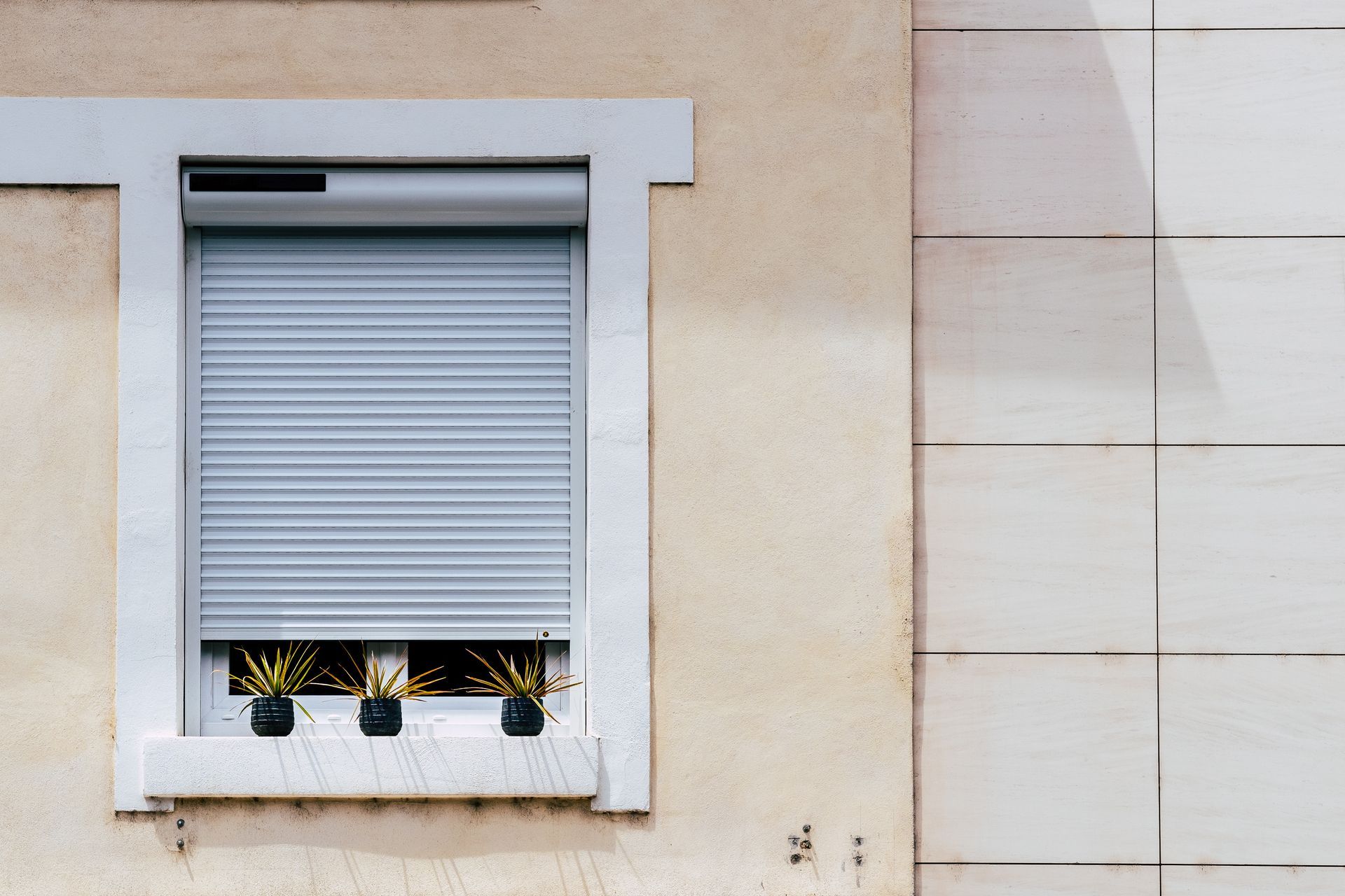 Fenêtre fermée avec volet blanc et trois petits pots de fleurs sur le rebord contre un mur beige