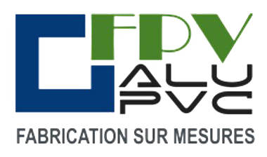Logo FPV ALU PVC en bleu, vert et noir avec le texte « FABRICATION SUR MESURES »
