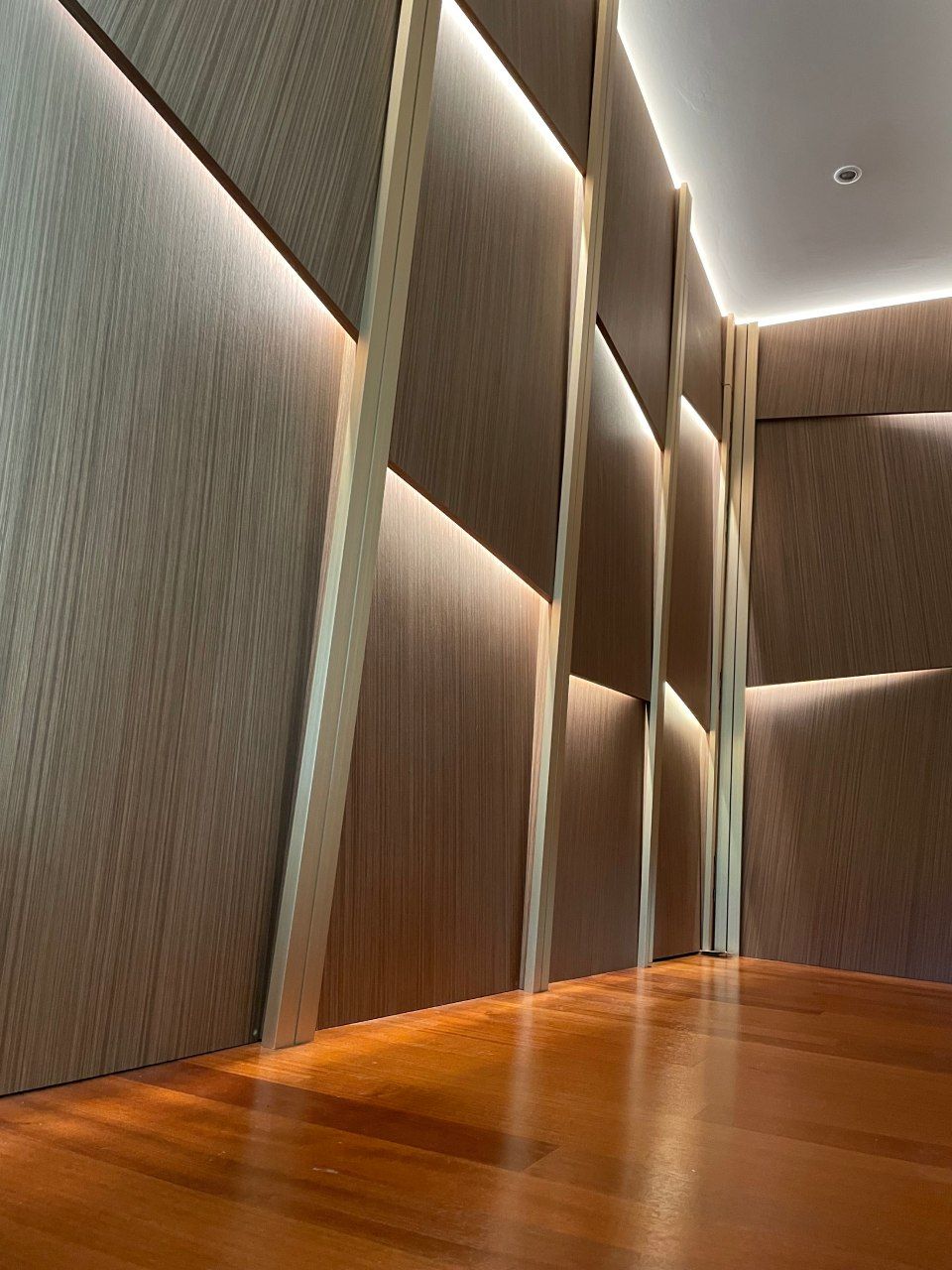 Une pièce avec un parquet et un mur en bois