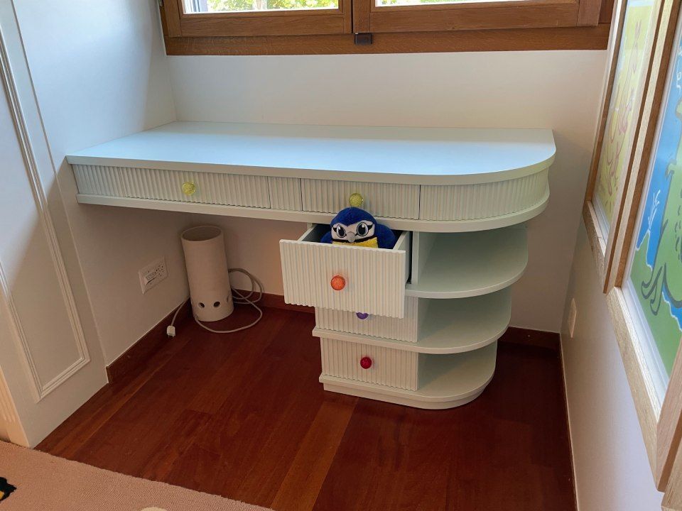 Un bureau blanc avec tiroirs et étagères dans une pièce avec un animal en peluche dans le tiroir.