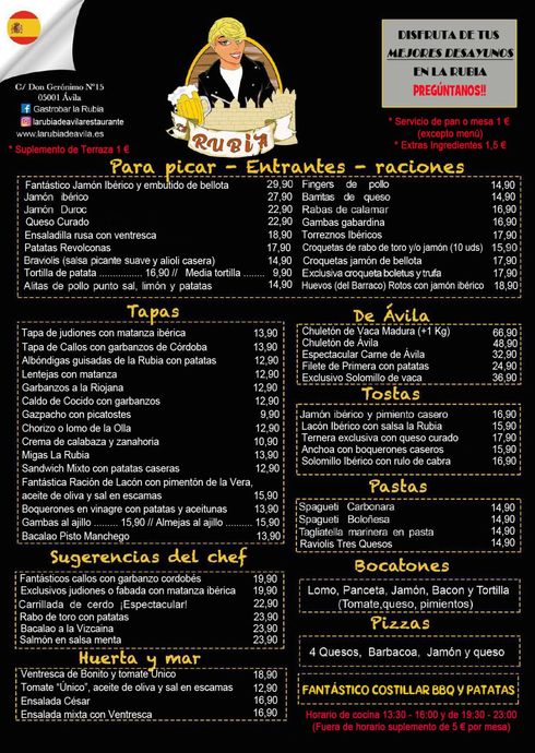 Un menú de un restaurante con una mujer sentada en una mesa.