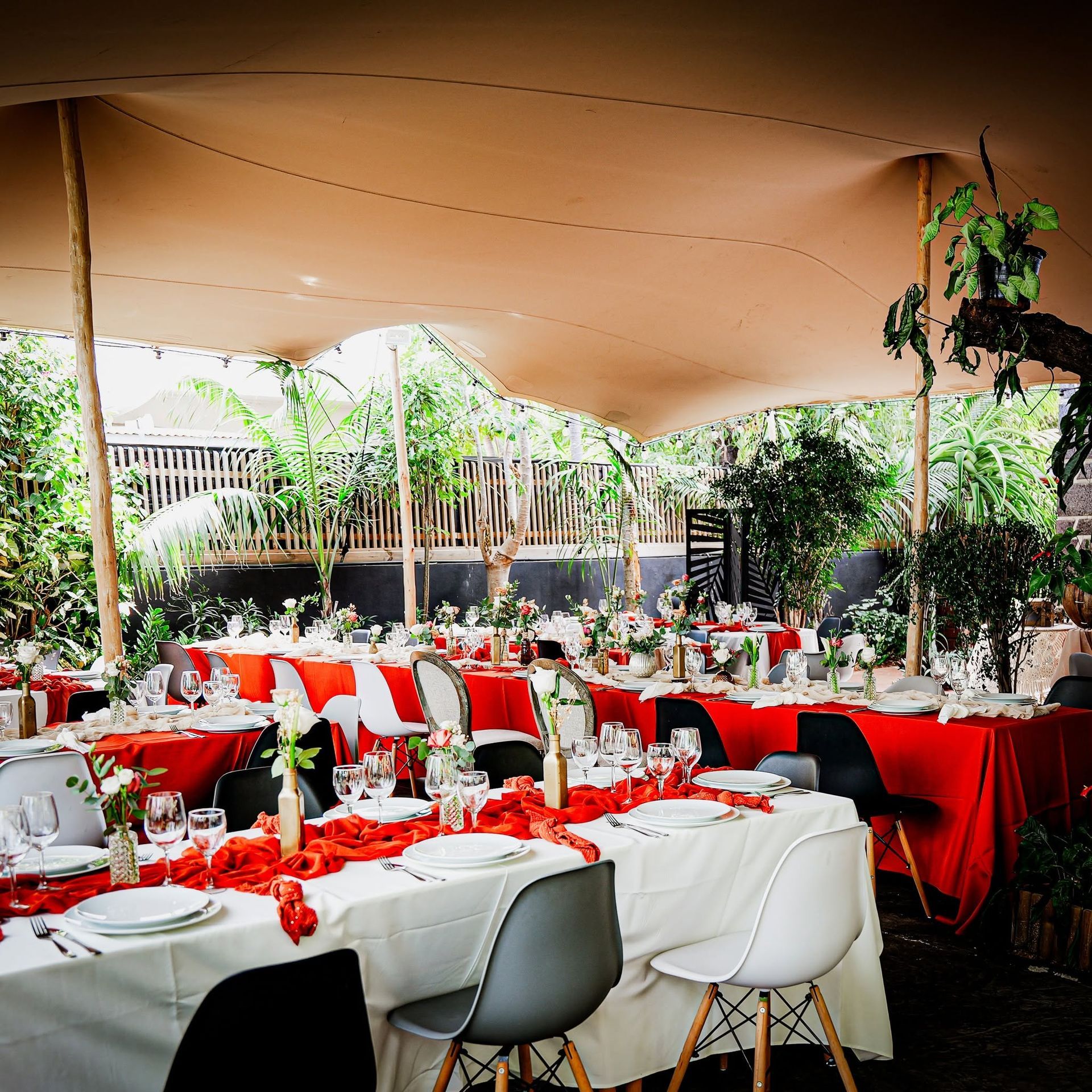 Tables de banquet en plein air sous une tente, dressées de nappes blanches et de touches de rouge au milieu d’une végétation