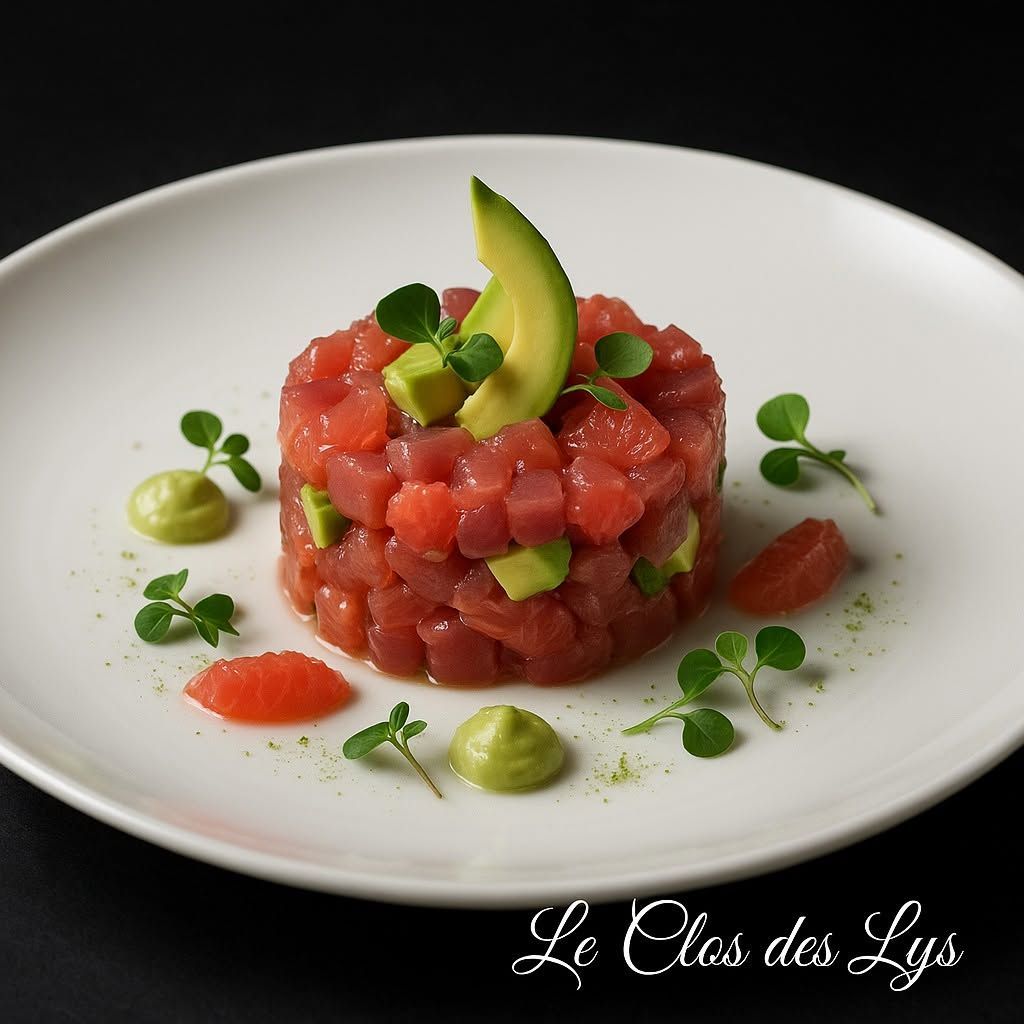 Tartare de thon coupé en dés, garni d’avocat, sur une assiette blanche, rehaussé de sauce verte et de micropousses