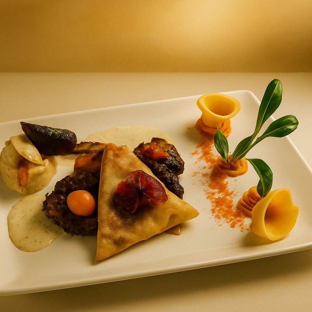 Entrée gastronomique dressée dans une assiette, composée de pâtisseries triangulaires et d’une sauce foncée