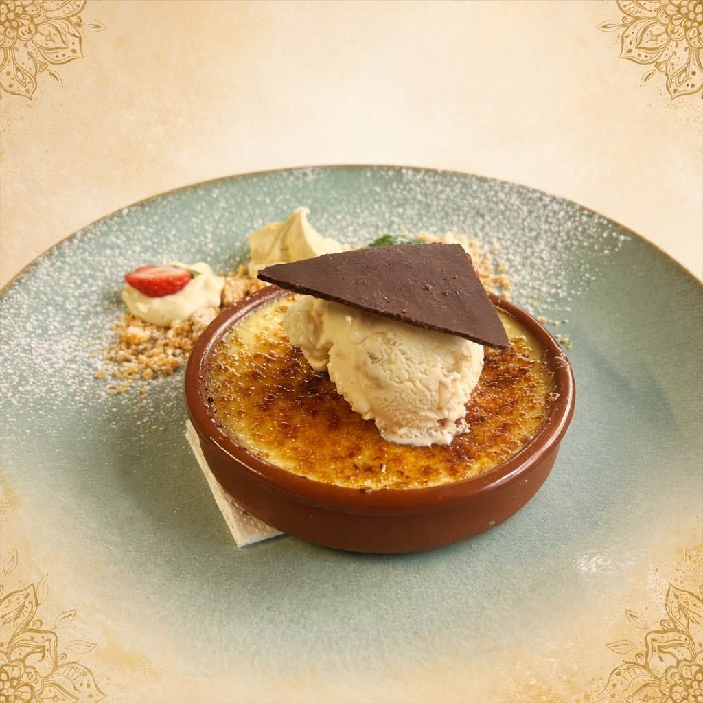 Crème brûlée avec glace à la vanille et garniture au chocolat, sur une assiette bleu pâle