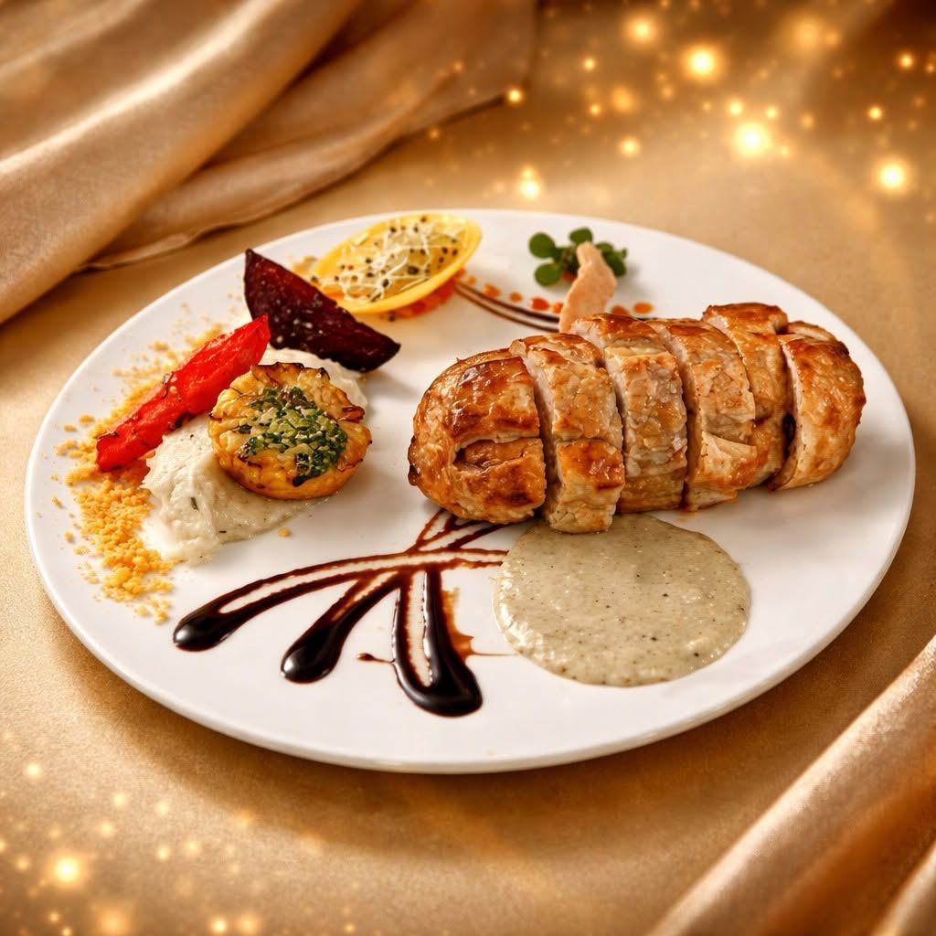 Viande rôtie gastronomique dressée avec des sauces et une garniture sur une assiette blanche, sur fond doré