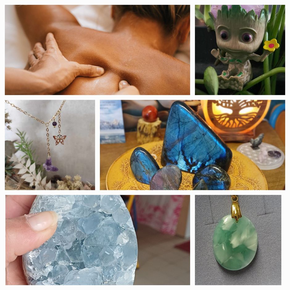 Plusieurs photographies de pierres naturelles et de massage.