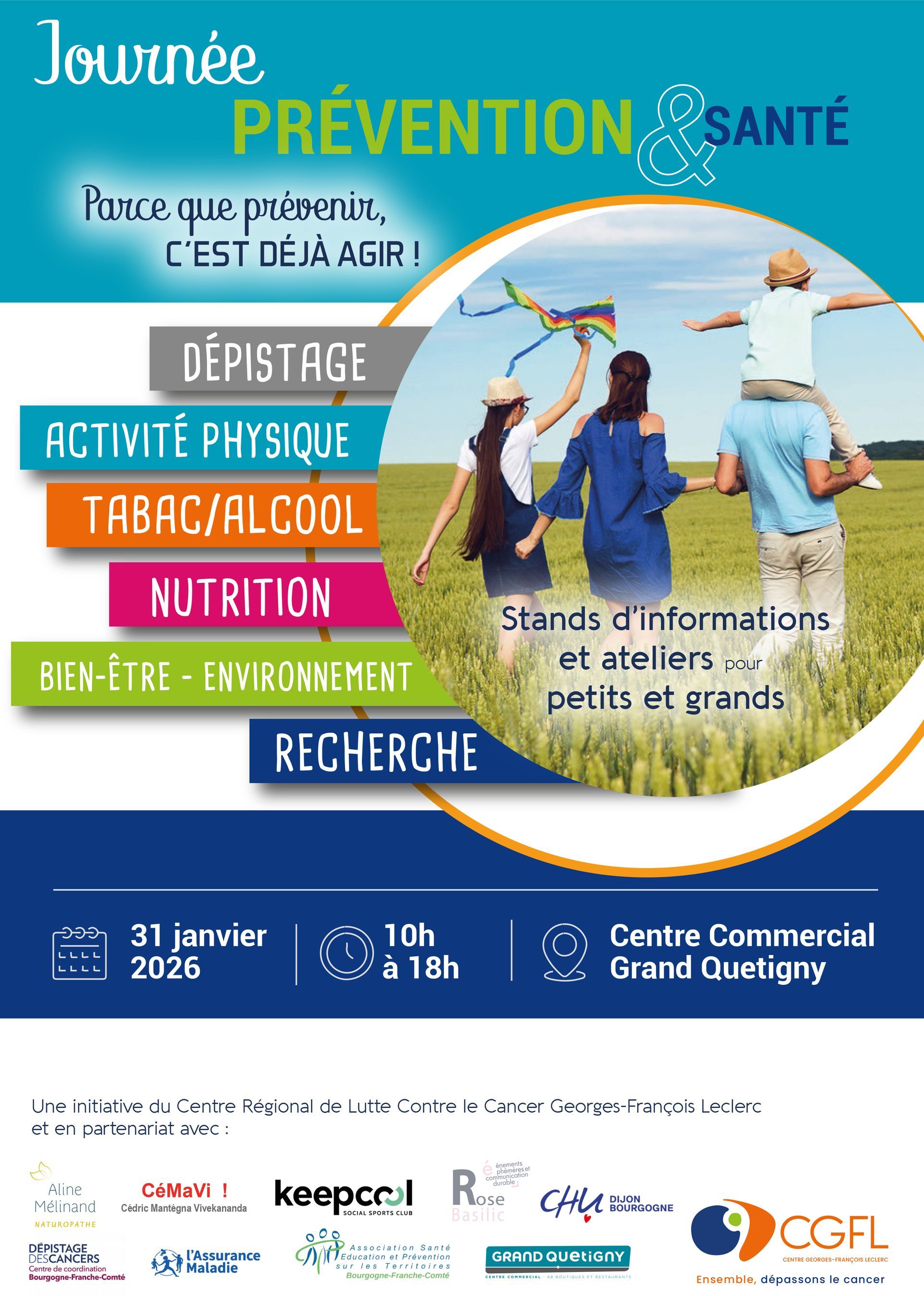 Affiche : Journée de prévention santé au centre commercial Grand Quetiay, avec des thèmes et des activités de santé.