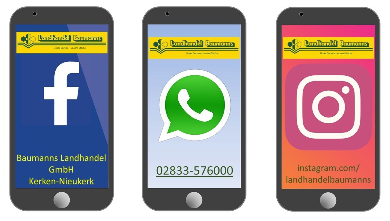 Drei Smartphones mit Logos der Social-Media-Apps: Facebook, WhatsApp und Instagram. Firmenname: „Baumans Landhandel“.