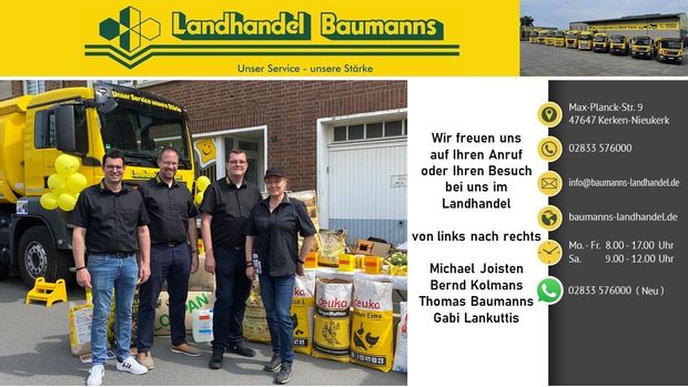 Drei Smartphones mit Logos der Social-Media-Apps: Facebook, WhatsApp und Instagram. Firmenname: „Baumans Landhandel“.