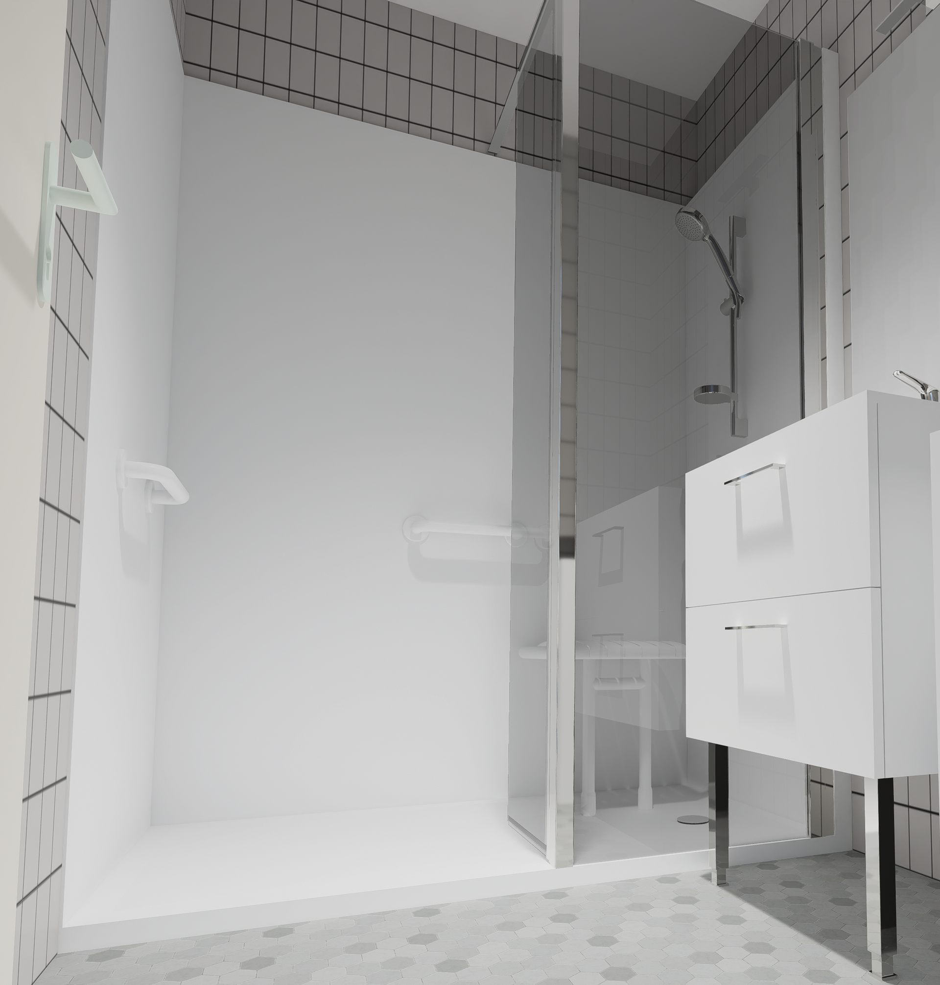 Plans 3D d'une salle de bains sur mesure conçus par Douches Meyer & Fils