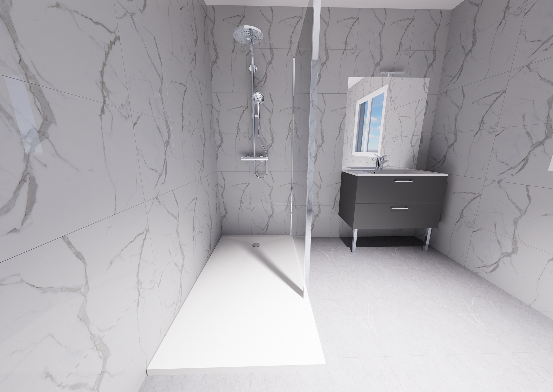 Plan 3D d'un bac de douche à l'italienne par Douches Meyer & Fils