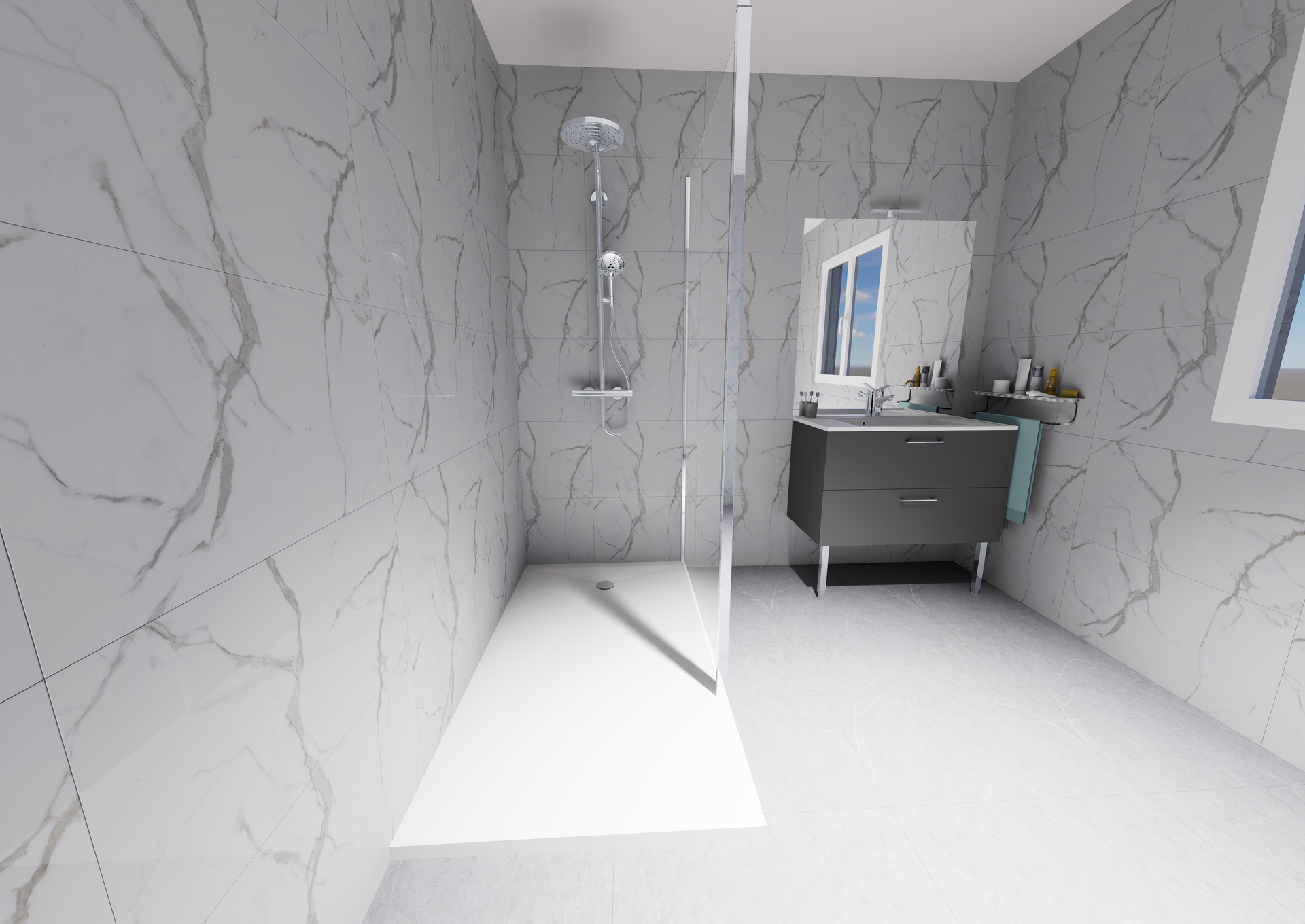 Plan 3D d'une douche carrelée conçu par Douches Meyer & Fils