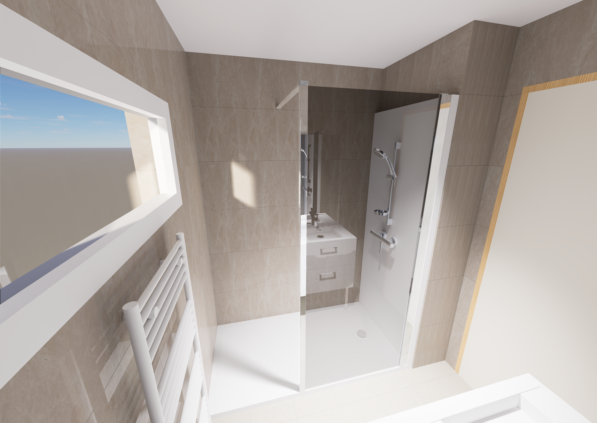 Plan 3D d'une salle de bains avec douche conçu par Douches Meyer & Fils
