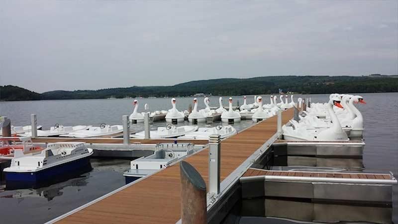 Ein Dock voller Boote und Schwäne auf einem See