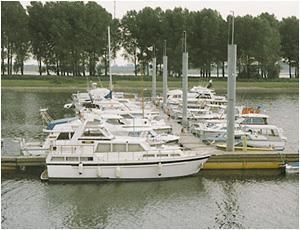 Mehrere Boote liegen in einem Yachthafen mit Bäumen im Hintergrund
