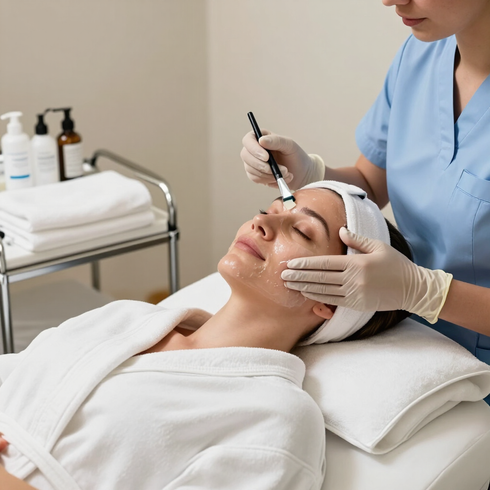 Tratamiento facial en un spa, con una profesional aplicando un instrumento en la frente de un cliente recostado
