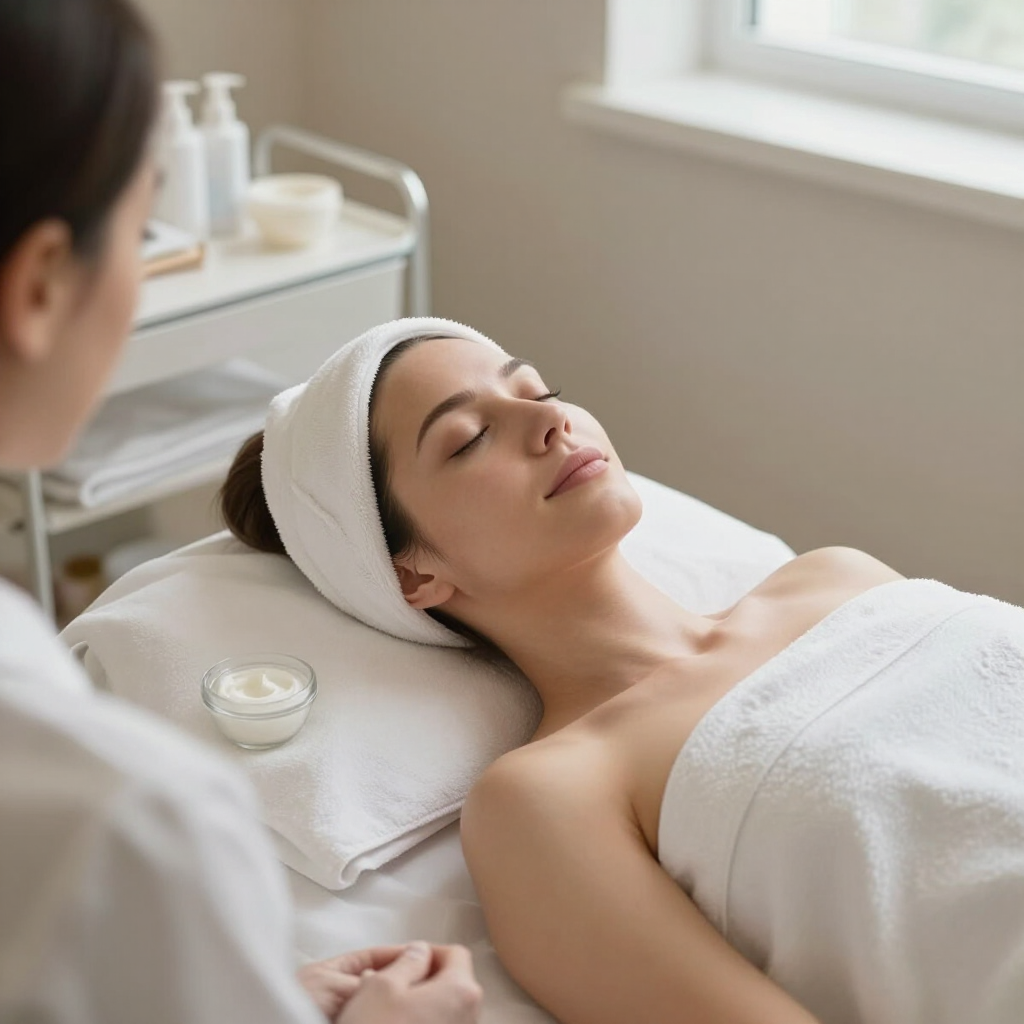 Mujer recibiendo un tratamiento facial en una camilla de spa, con los ojos cerrados y envuelta en toallas blancas