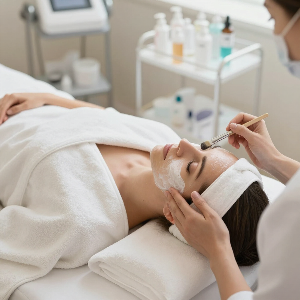 Tratamiento facial en un spa, con una clienta tumbada en una camilla mientras una profesional le aplica productos para el cuidado de la piel con una brocha