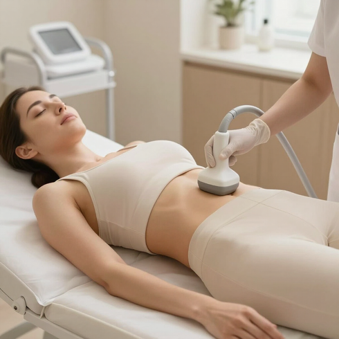 Persona recibiendo un tratamiento de ultrasonido abdominal en una sala de spa