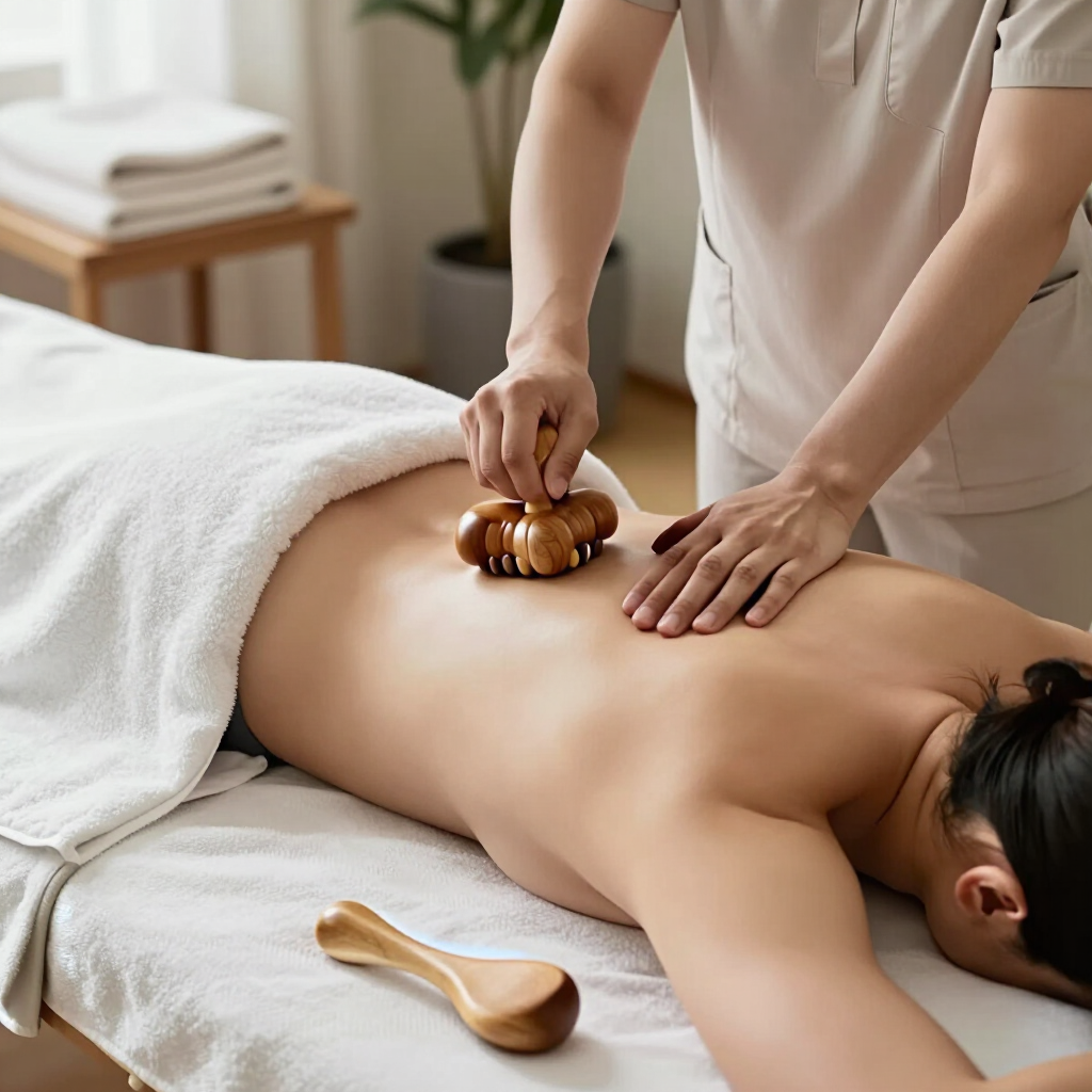 Terapeuta de spa usando una herramienta de masaje de madera sobre una espalda desnuda durante una sesión de masaje