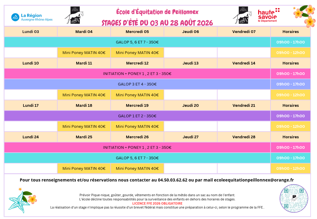 Planning de stage d'aoüt