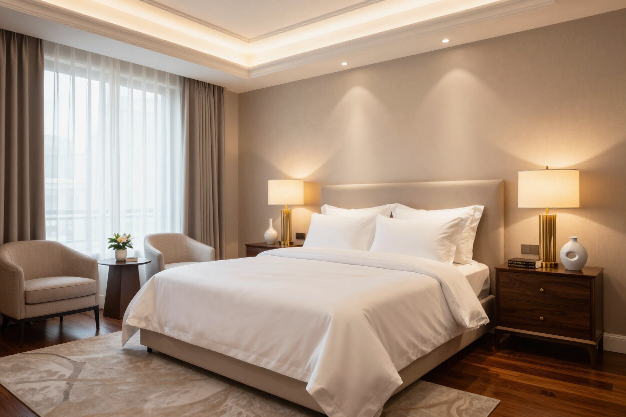 Beautifully styled luxury bedroom with warm ambient lighting
