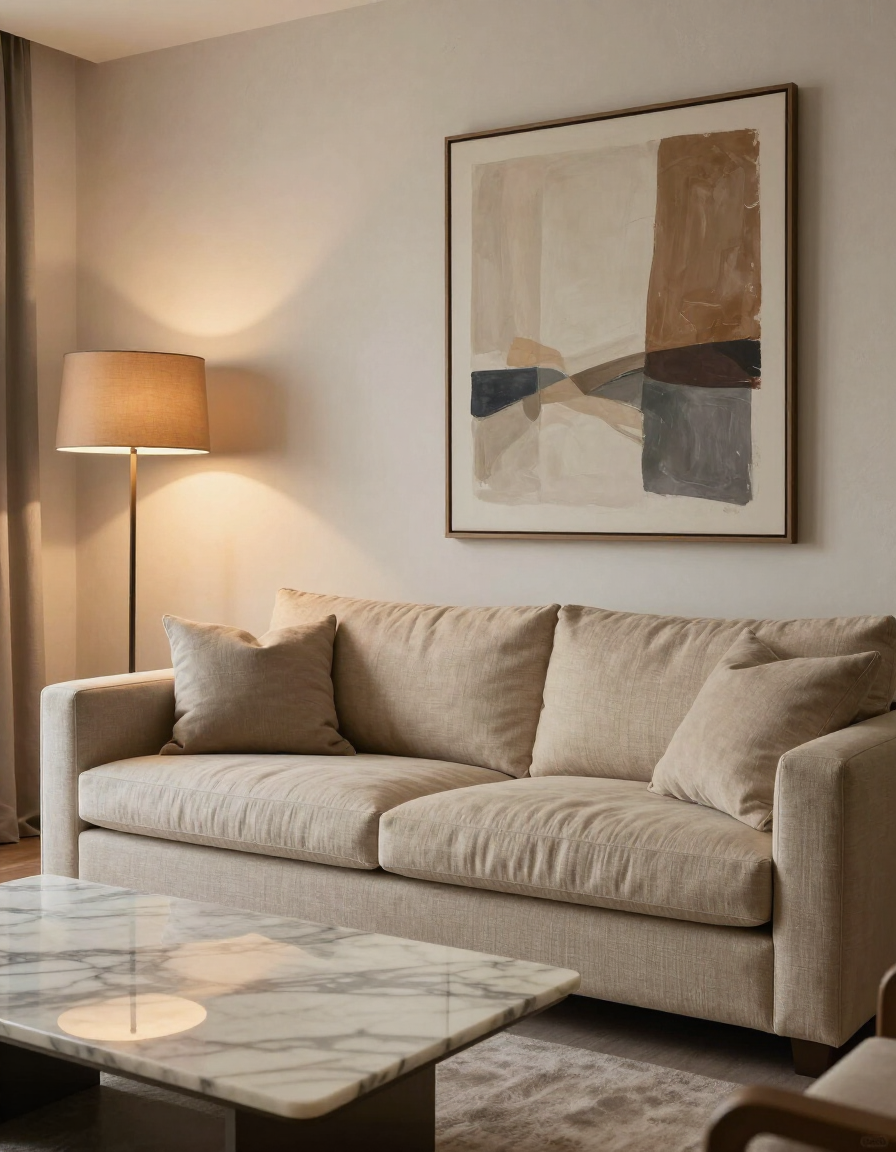 Curated luxury interior with linen sofa and marble coffee table