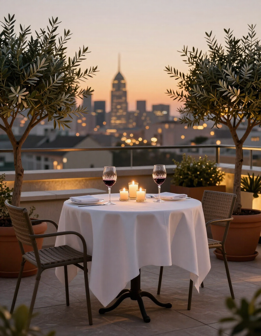 Rooftop terrace at dusk with candlelit dining and city skyline