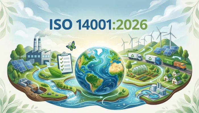 Banner ISO 14001:2026 con globo terráqueo, aerogeneradores, paneles solares, fábricas, río y paisaje verde.