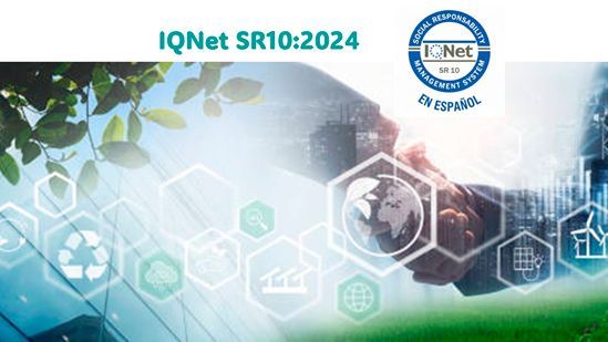 Logotipo de IQNet SR10:2024 sobre un gráfico de apretón de manos con íconos de sostenibilidad ambiental.