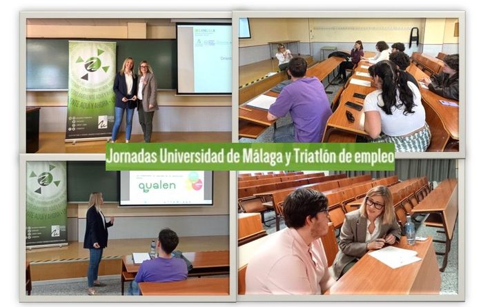 Collage of university talks and student presentations in a lecture hall, with a green banner reading “Jornadas Universidad de Málaga y Tratamiento de empleo”