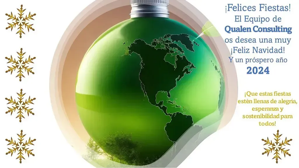 Tarjeta navideña con adorno de globo verde, texto en español deseando una Feliz Navidad y un próspero 2024.