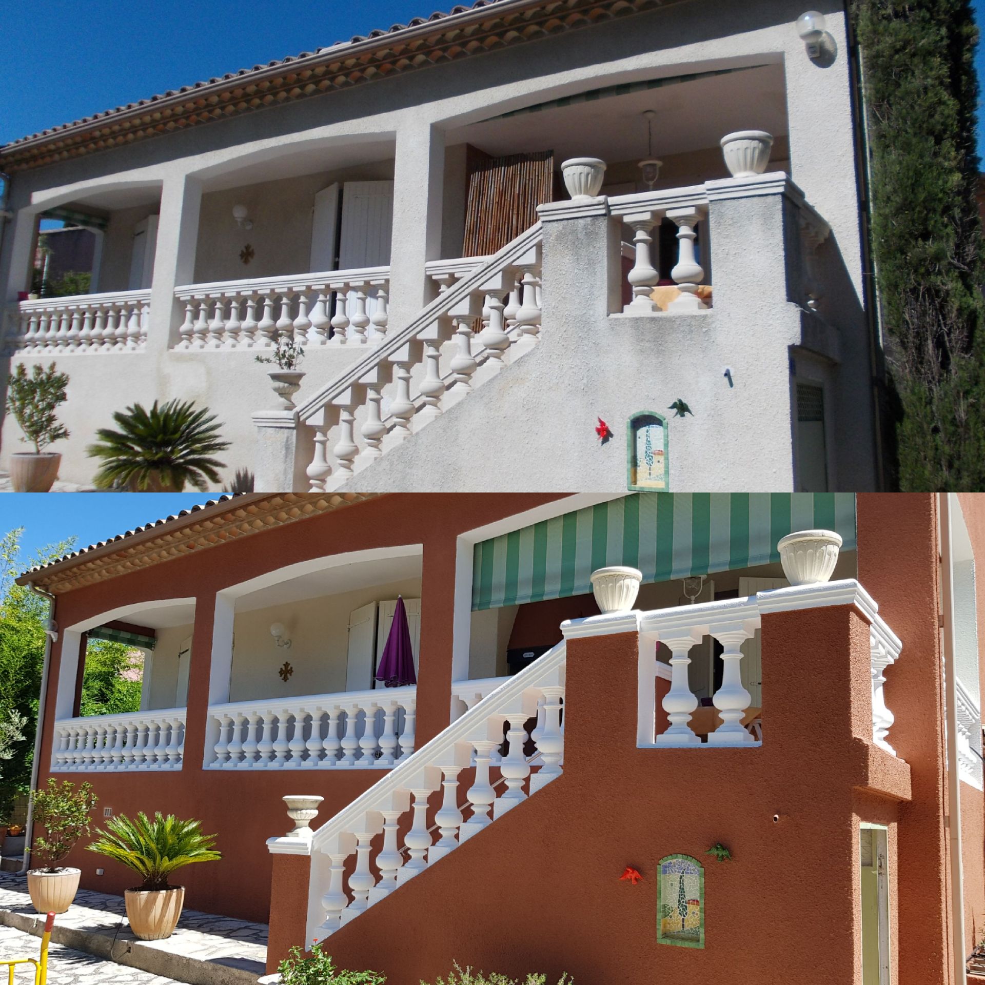 Avant-après d'une maison blanche qui devient rouge ocre