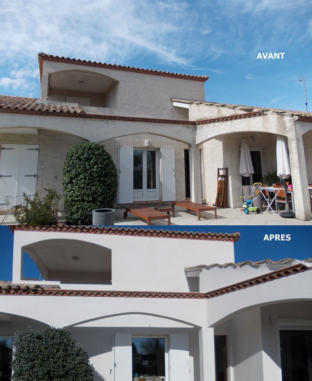 Avant-après d'une maison avec une terrasse en pierre et des menuiseries blanches