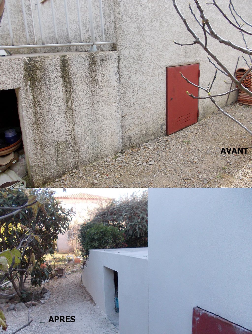 Avant-après d'un pan de mur d'une maison tachée par l'humidité