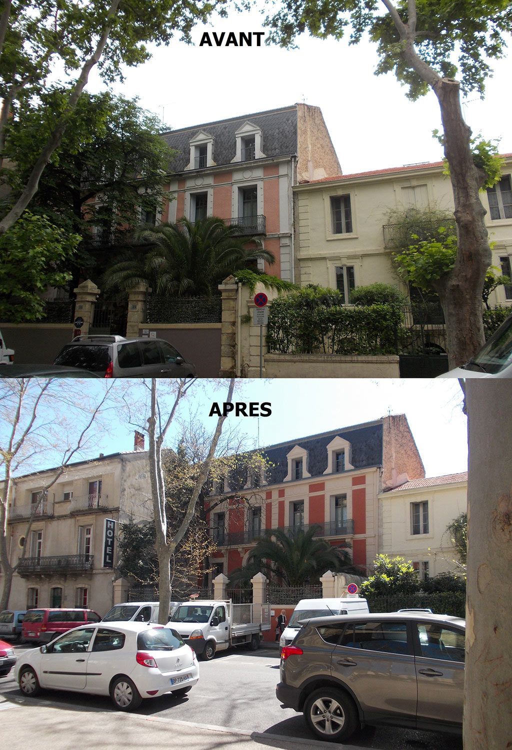 Avant-après d'une maison ancienne de ville avec un jardin devant