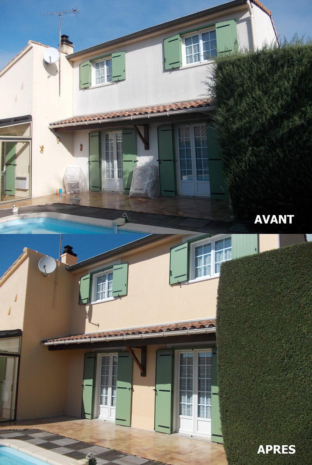 Avant-après d'une piscine devant une maison orange