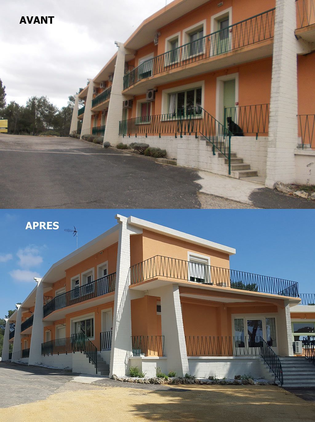 Avant-après d'une maison orange avec une terrasse à l'étage